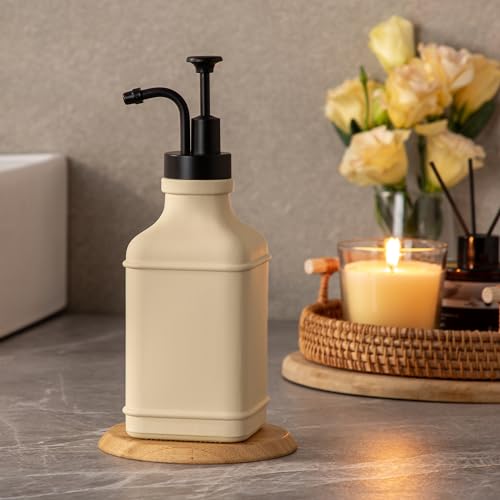 Enra Glass Soap Dispenser with Clear Window,12oz Matte Stainless Steel Hand Pump Dispenser,Hand and Liquid Soap Dispenser Rust Proof Countertop Lotion Bottle (Beige-Square-Liquid) - color: Beige-square-liquid