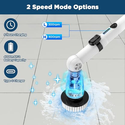 EcoGecko Electric Spin Scrubber, Bathroom Cleaner, Power Shower Cleaning Brush with Extendable Handle & 4 Brush Heads, Dual Speed & USB-C Charging, Shower Scrubber for Bathtub, Tile, and Floor
