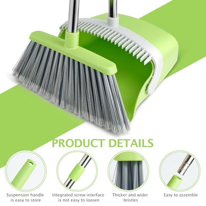 Broom and Dustpan Set, Dustpans with Broom Combo for Home, Heavy Dust Broom and Dustpan Combo, Long Handle Dust Pan and Broom Set for Kitchen, Office, Pet Hair(Gray Green) - color: Green 1-pack