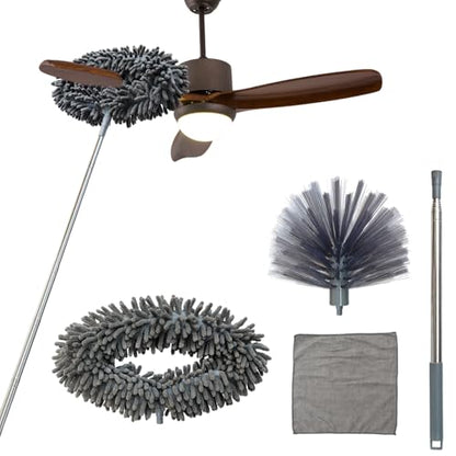 Ceiling Fan Cleaner Duster, Cobweb Duster with Extension Pole, Washable and Reusable Microfiber Duster Set for Cleaning Ceiling Fan, High Ceilings, Walls, Bookshelves, Window Door Top, Cobwebs (Gray)