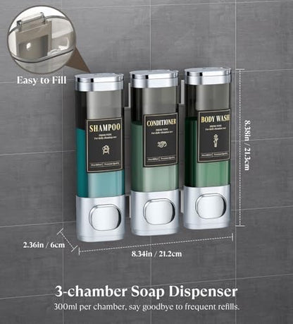 Luxspire Shampoo and Conditioner Dispenser, No Drill Wall Mounted Shower Soap Dispenser 3 Chamber with Waterproof Labels, Easy Refill Soap Dispenser for Bathroom Hotel Kitchen, Silver - color: Silver, size: 3 Chamber