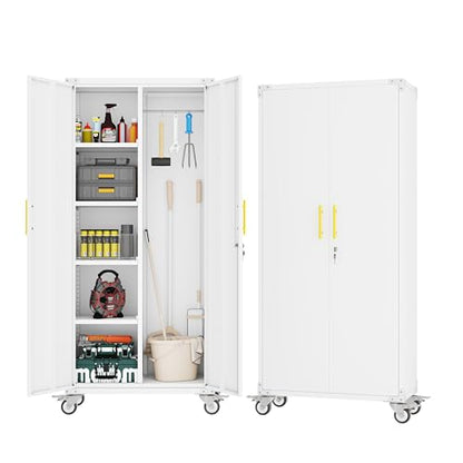 Broom Closet Storage Cabinet, Metal Cleaning Cabinets with Hanging Rod and S-Hooks, Lockable Tool Cabinets, Utility Cabinet for Garden, Bathroom, Laundry Room, White - color: White