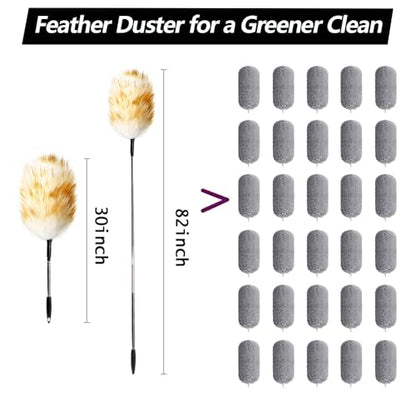 Extendable Lambswool Duster 82inch with Aluminium Alloy Handle, Natural Long Feather Duster for Cleaning Fans, Ceiling, Bookshelevs, for Home&Office
