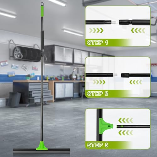 Rubber Floor Squeegee with 24” Heavy Duty Silicone Rubber Scraper Head and 60” Long Adjustable Handle, Shower Squeegees for Concrete Floor, on Multi-Surface Tile Glass Pool Garage Cleaning