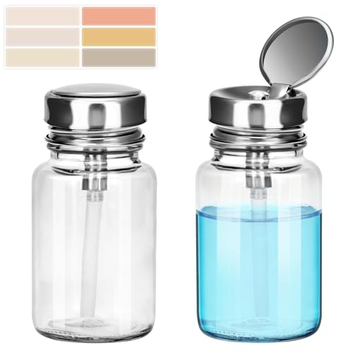 2-Pack 100ml/3.38oz Clear Glass Pump Dispenser Bottle with Metal Flip Top, Nail Polish Remover/Makeup Remover Refillable Press Container, 3.98×1.97 Inch Compact Size for Home, Travel & Salon - size: Circle + Circle
