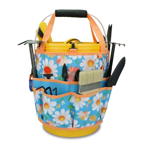KUNN 5 Gallon Bucket Organizer 18-Pocket Tool Bag with Hangable Handle | Heavy-Duty Garden Caddy & Bucket Accessory for Gardening Tools, Orange - style: Sunny Daisy