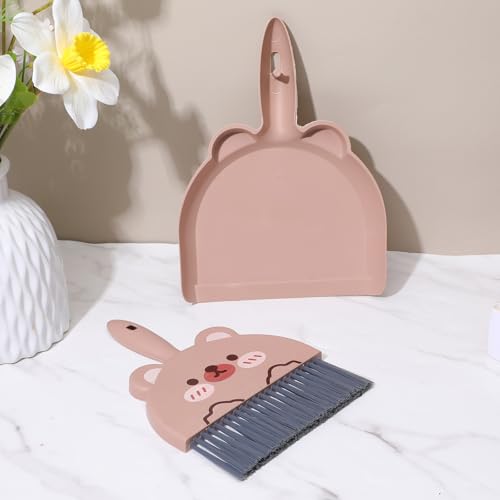 Portable Hand Broom and Dustpan Set, Cute Mini Dustpan and Brush with Bear Pattern, Small Cartoon Space Cleaning Tool for Home Office Desktop Car Camping Kitchen Tabletop (Brown) - color: Brown