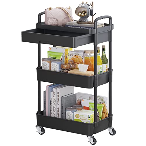 Calmootey 3-Tier Rolling Utility Cart with Drawer,Multifunctional Storage Organizer with Plastic Shelf & Metal Wheels,Storage Cart for Kitchen,Bathroom,Living Room,Office,Black - color: Black, size: 3-Tier
