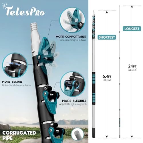 TelesPro 30 Foot High Reach Duster Kit with 6-24FT Extension Pole High Ceiling Dusting and Window Cleaning Kit with Telescopic Pole Window Washer&Squeegee,Cobweb Duster,Fan Duster and Feather Duster - size: 24 FT