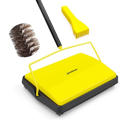 Carpet Sweeper Manual Push with Horsehair Brush, Electrostatic Floor Roller Sweeper Broom Non Electric for Pet Hair, Rug (Yellow)