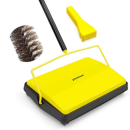 Carpet Sweeper Manual Push with Horsehair Brush, Electrostatic Floor Roller Sweeper Broom Non Electric for Pet Hair, Rug (Yellow)