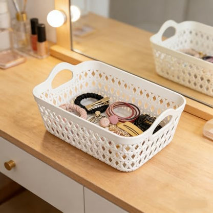 Set of 12 Plastic Storage Baskets Tray with Handle, Small Organizing Baskets for Desk, Drawer, Home, Office (White) - size: Small
