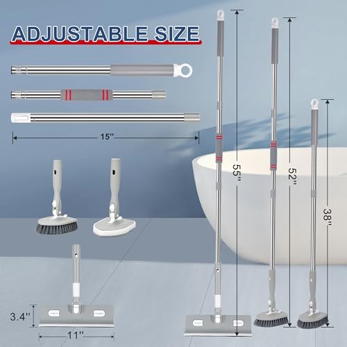 Tile Tub Floor Cleaner Scrubber With Long Handle - 5-in-1 Shower Brush Set for Bathroom, Kitchen, Walls, Sink - Includes Window Scraper and 3 Detachable No Scratch Heads