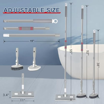 Tile Tub Floor Cleaner Scrubber With Long Handle - 5-in-1 Shower Brush Set for Bathroom, Kitchen, Walls, Sink - Includes Window Scraper and 3 Detachable No Scratch Heads