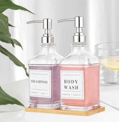 Dish and Hand Soap Dispenser for Kitchen,Glass Soap Dispenser with Pump,Tray,Funnel, Set of 2 Countertop Soap and Lotion Dispenser for Bathroom,Shower,500ml/16.9oz, - color: Ks-5070-28y-2s