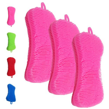 Gadgetime USA Silicone Dish Sponge - Dishwashing Kitchen Scrubber - Double Sided Sponge Brush - Multipurpose & Reusable Silicone Dish Sponges for Dishes, Fruits & Vegetables Cleaning - Pink (3 Pack) - color: Pink