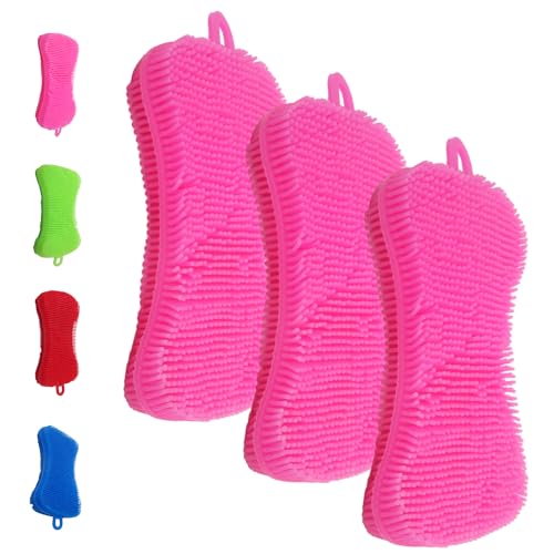 Gadgetime USA Silicone Dish Sponge - Dishwashing Kitchen Scrubber - Double Sided Sponge Brush - Multipurpose & Reusable Silicone Dish Sponges for Dishes, Fruits & Vegetables Cleaning - Pink (3 Pack) - color: Pink