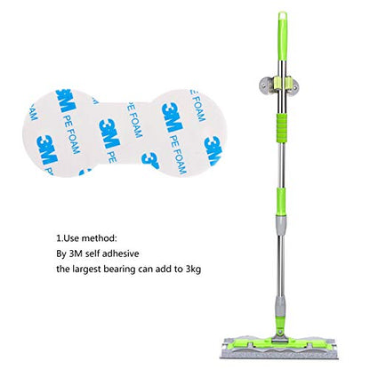 Stainless Steel Mop and Broom Holder, Dual-Purpose Wall Mounted Mop Broom Organizer with 2 Pcs 3M Self Adhesive and Double Screws,Bathroom Kitchen Organizer Rack with Spring Clip Design
