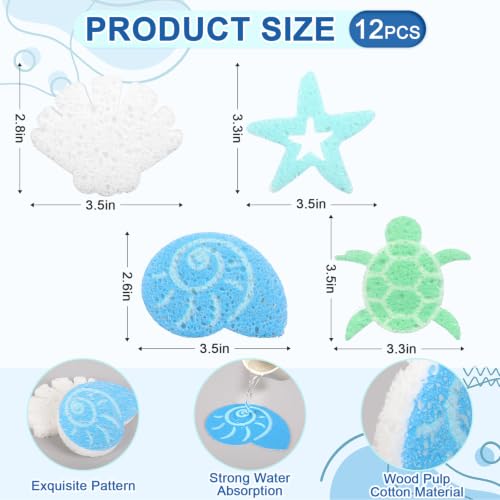 JarThenaAMCS 12 Pcs Summer Kitchen Sponges Coastal Seashell Starfish Turtles Water Absorbing Kitchen Scrub Sponges Dish Washing Cleaning Reusable Sponge for Bathroom Home Non Scratch Cleaning