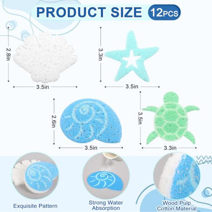 JarThenaAMCS 12 Pcs Summer Kitchen Sponges Coastal Seashell Starfish Turtles Water Absorbing Kitchen Scrub Sponges Dish Washing Cleaning Reusable Sponge for Bathroom Home Non Scratch Cleaning