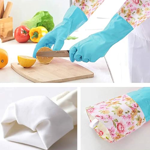 KINGFINGER Rubber Cleaning Gloves, 3 Pairs Reusable Latex-Free Dishwashing Gloves, Dish Glove with Flocked Cotton Liner, Long Cuff, Kitchen Household Glove, Medium (Blue, White, Pink)