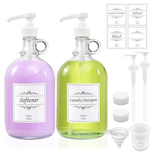 2 Pack Laundry Detergent Dispenser with Pump and Lid, 64 Oz Glass Bottles for Laundry Room Organization and Storage, Fabric Softener Dispenser for Washer