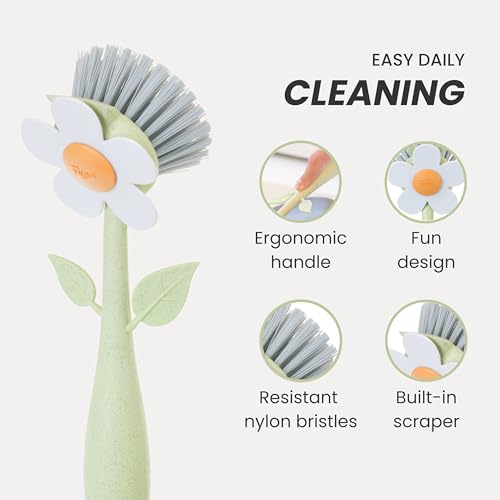 Vigar Florganic Dish Brush with Handle & Built-in Stand - Daisy-Shaped Kitchen Scrub Brush for Dishes and Sink Cleaning, Non-Stick Safe Soft Nylon Bristles, Pot Scrubber, Dishwasher Safe – Multicolor