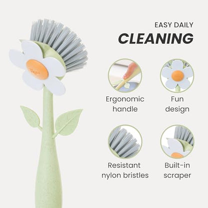 Vigar Florganic Dish Brush with Handle & Built-in Stand - Daisy-Shaped Kitchen Scrub Brush for Dishes and Sink Cleaning, Non-Stick Safe Soft Nylon Bristles, Pot Scrubber, Dishwasher Safe – Multicolor