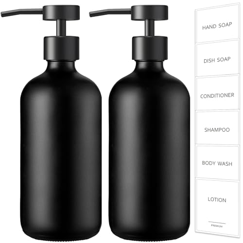 GMISUN Black Soap Dispenser, 2 Pack Matte Black Hand Soap Dispensers for Bathroom, 17 Fl Oz Glass Dish Soap Dispenser for Kitchen with Stainless Steel Pump, Modern Liquid Soap Bottle Set - color: Black Bottle + Black Flat Pump, size: 2 Pack