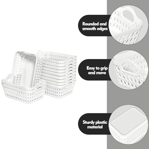 Set of 12 Plastic Storage Baskets Tray with Handle, Small Organizing Baskets for Desk, Drawer, Home, Office (White) - size: Small