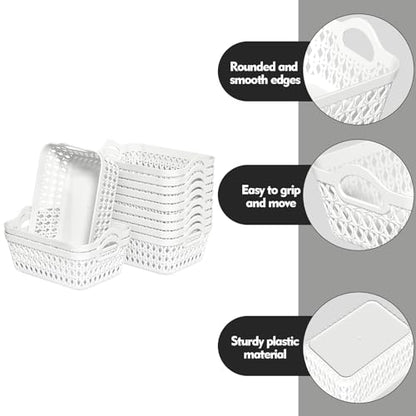 Set of 12 Plastic Storage Baskets Tray with Handle, Small Organizing Baskets for Desk, Drawer, Home, Office (White) - size: Small