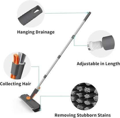 3-in-1 Floor Scrub Brush with Long Handle – Heavy-Duty Stiff Bristles & Built-in Scraper, Effortless Deep Cleaning for Bathroom, Shower, Kitchen, Garage, Patio & Deck (Gray) - color: Gray