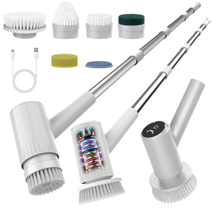 Electric Spin Scrubber – 5-Hour Battery, 6 Brush Heads, No Bending with 47" Extendable Handle, Cordless Power Scrubber for Bathroom Shower Bathtub Tile Kitchen Floor