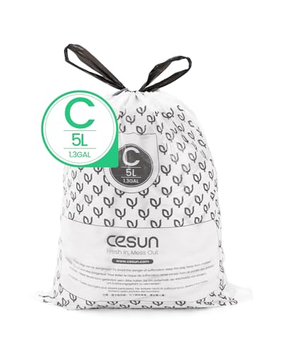 Cesun Code C Drawstring Trash Bags 90 Count, Pre Cut 1.3 Gallon / 5 Liter Small Trash Can Liners, White