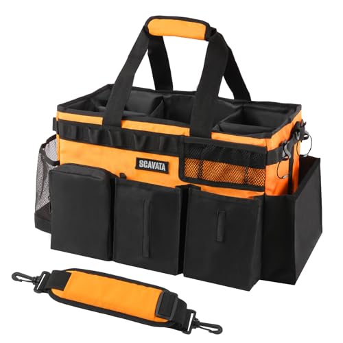 SCAVATA Wearable Cleaning Caddy Bag, Cleaning Caddy Supplies Organizer with Handle & Shoulder Straps for Housekeepers, Under Sink & Car Cleaning Tool Organizers with 4 Foldable Divider (Orange) - color: Orange
