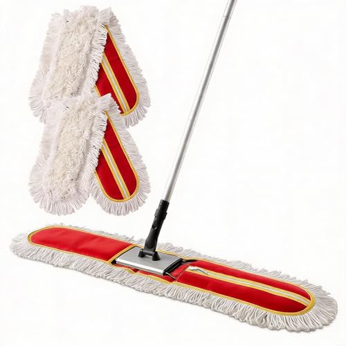 CLEANHOME 36" Commercial Dust Mops for Floor Cleaning Heavy Duty Floor Duster Mop with Long Handle Hotel Gym Household Cleaning Supplies for Hardwood, Tiles, Marble Floors (Red) - color: Red