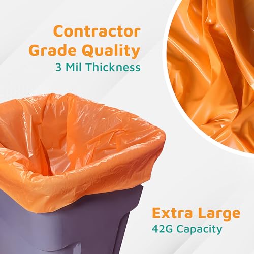PlasticMill Contractor Bags Heavy Duty - Commercial, Industrial Garbage Bags - Orange Construction Trash Bags - Outdoor, Garden Trash Bags, 42-Gallon, 3 Mil, 33"x48" (50-Count)