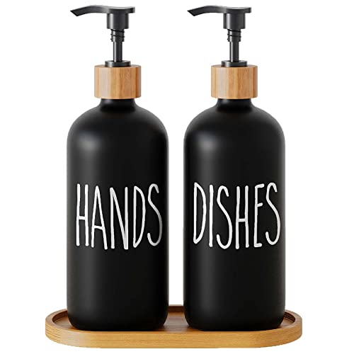 Dish Soap Dispenser for Kitchen,Glass Hand Soap Dispenser, Modern Farmhouse Decorfor Bathroom,Kitchen Decor - color: Black Set