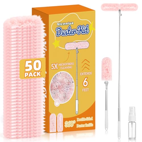 50 PCS Duster Refills with 6 FT Extendable Handle, Heavy Duty Duster Refills Kit Compatible with Swiffer, 360 Disposable Microfiber Duster Pads for Ceiling Fan, Blind & Hard to Reach Areas Cleaning