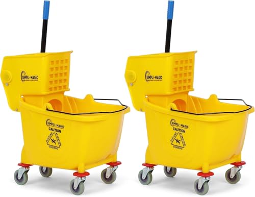 SIMPLI-Magic Side Press Wringer Combo Commercial Mop Bucket on Wheels, 2-Pack, 35 Quart, Yellow, Including Wet Floor Caution Sign and Mop Set, Polyethylene - size: Two Pack