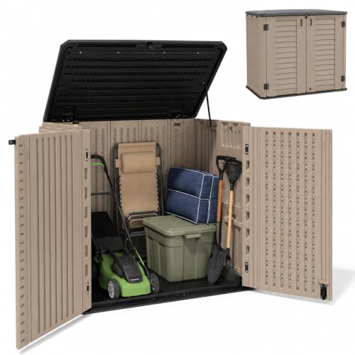 ADDOK 26 Cu.Ft Outdoor Storage Shed with Floor,Large Waterproof Resin Storage Cabinet with Lift-Up Lid,Double Doors and Lockable Design for Lawn Mower,Garden Tools, Patio,Backyard and Pool Supplies - size: 26 Cu.Ft-Brown