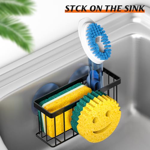 MURLONG Sponge Holder Smiley Face, Sink Organizer with 2 Suction Cups/1 Adhesive Strips, Designed for Sponge, Soap, Dish Brush, Scrubber - Black - color: Black