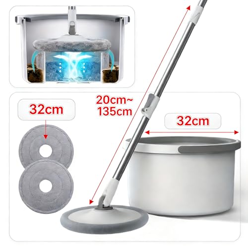 Spin Mop and Bucket System with 2 Microfiber Mop Heads, 360° Rotating Floor Mop for Wet and Dry Cleaning, Adjustable Stainless Steel Handle, Compact Cleaning Set for Hardwood, Tile, Laminate, Grey