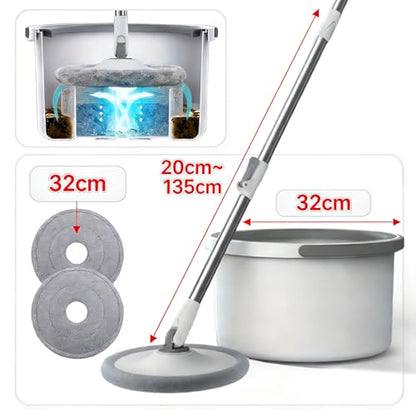 Spin Mop and Bucket System with 2 Microfiber Mop Heads, 360° Rotating Floor Mop for Wet and Dry Cleaning, Adjustable Stainless Steel Handle, Compact Cleaning Set for Hardwood, Tile, Laminate, Grey