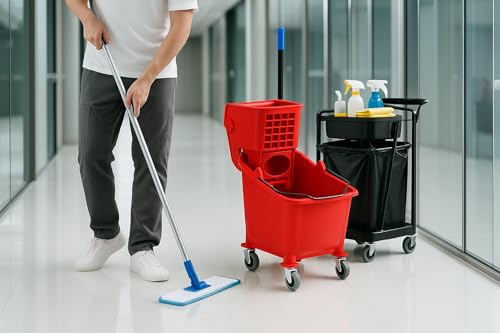 Red 35-Quart Commercial Mop Bucket with Side-Press Wringer – Heavy-Duty Cleaning System for Restaurants, Hotels, Schools, Offices, and Industrial Floor Maintenance - color: Red