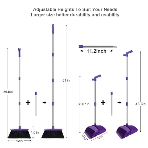 Purple Broom with Dustpan Combo Set, 51" Long Handle Household Cleaning Tool, Ideal Broom and Dustpan Set for Pet Hair and Home Use - color: Purple