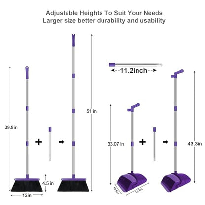 Purple Broom with Dustpan Combo Set, 51" Long Handle Household Cleaning Tool, Ideal Broom and Dustpan Set for Pet Hair and Home Use - color: Purple