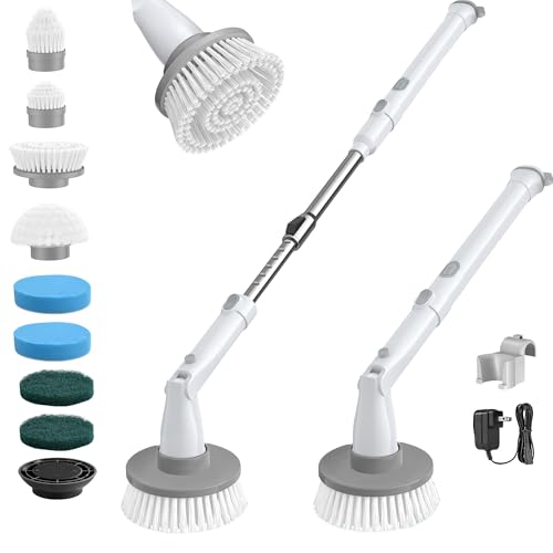 kHelfer Electric Spin Scrubber, Cordless Shower Scrubber with Long Handle, 8 Replacement Heads, 1.5H Bathroom Scrubber Dual Speed, Shower Cleaning Brush with Extension Arm for Bathtub Tile Floor - color: Snow White