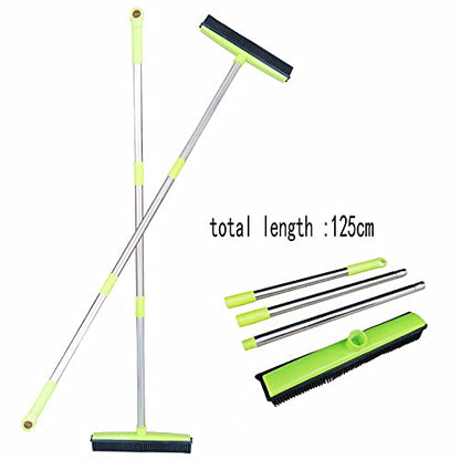 ASkinds Carpet Hair Removal Broom with Squeegee, Rubber Floor Broom, Adjustable Long Handle 49" Length for Pet Cat Dog Hair, Carpet Hardwood Tile Windows Clean, Water Resistant, Green