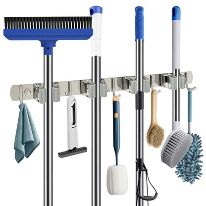 Mop Broom Holder Wall Mount, 4 Racks 5 Hooks Stainless Steel Storage Organizer for Home, Kitchen, Garden, Laundry room, Garage tool storage